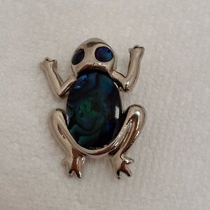 Abalone Silver Tone Frog Brooch